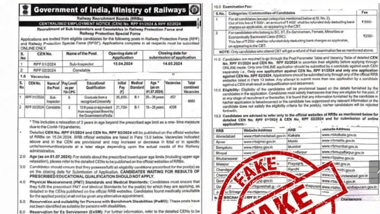 Fake RRB RPF Recruitment Notice for SI, Constable Vacancies Confirmed by PIB Fact Check